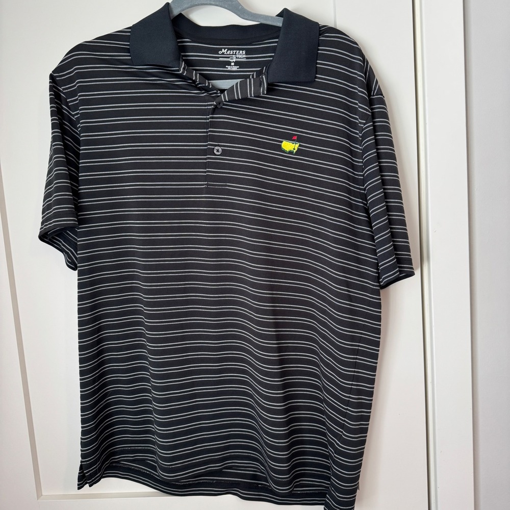 Masters Tech Golf Polo Shirt Mens Medium Black White Striped Short Sleeve Logo